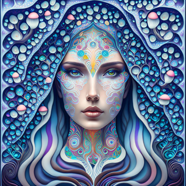 Colorful portrait of woman with marine-themed psychedelic patterns