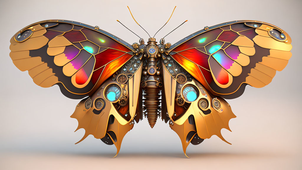 Steampunk butterfly with metallic details on warm gradient background