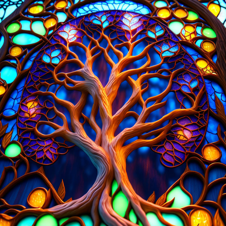 Colorful Stained Glass Window of Twisting Tree on Blue Background