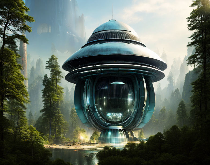 Futuristic blue-silver spaceship in lush forest with towering trees