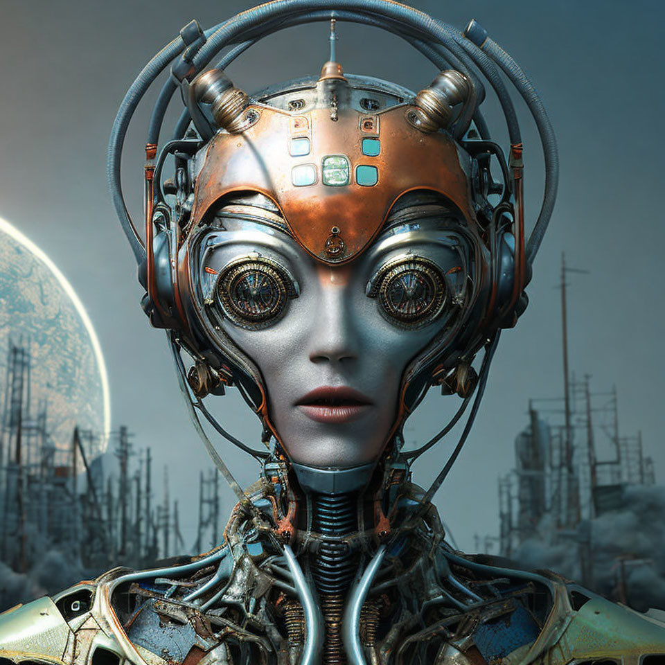 Detailed humanoid robot with headgear in industrial setting under large moon