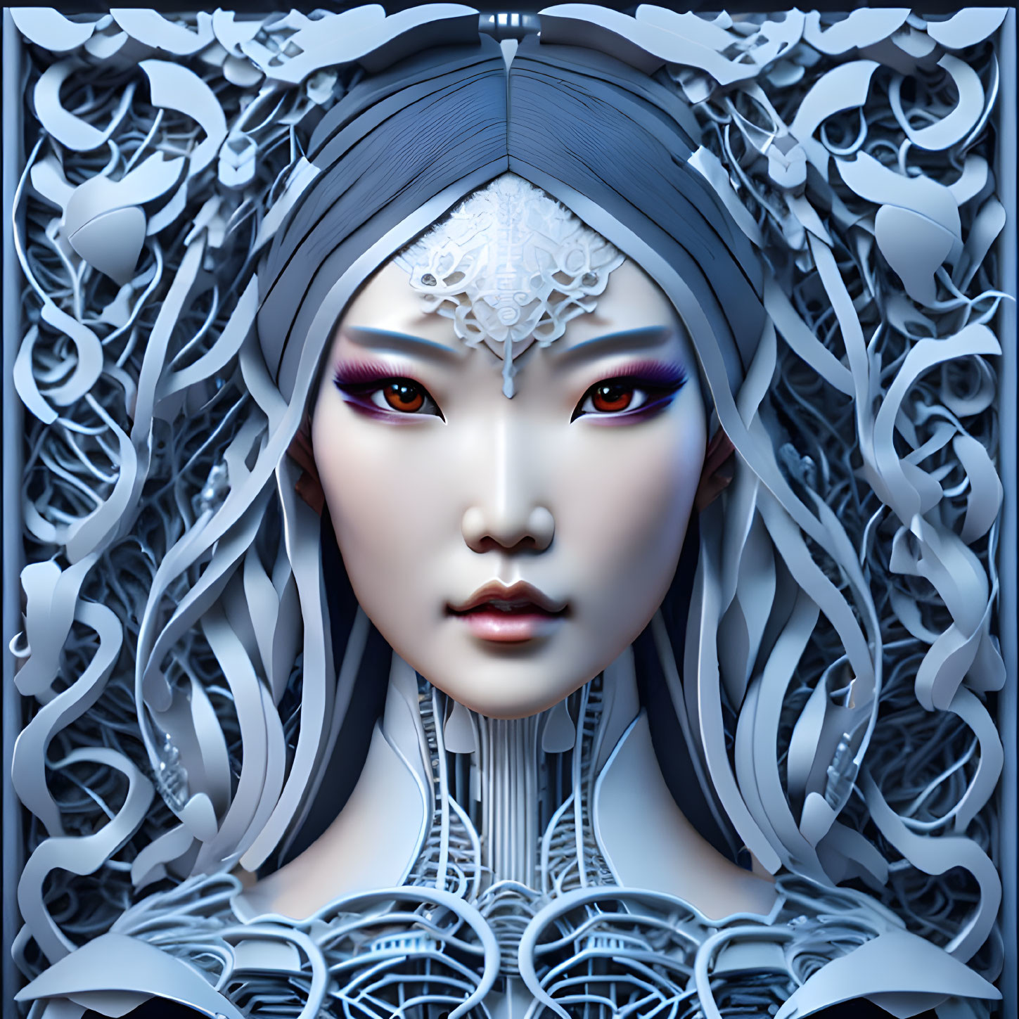 Asian-inspired female digital art portrait with silver headpiece, robotic neck, and vibrant makeup.