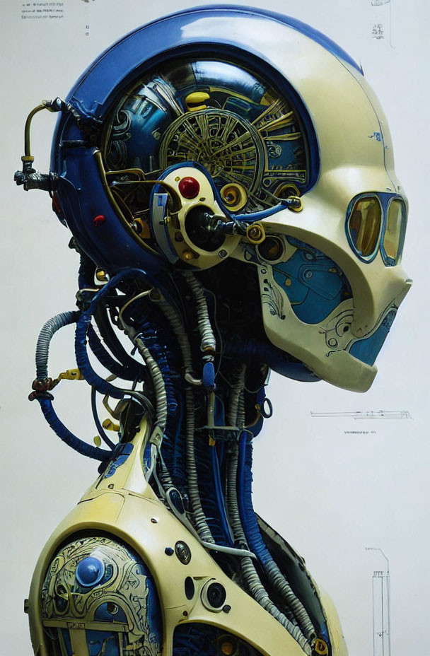 Detailed blue and gold futuristic robot head with exposed gears and wires