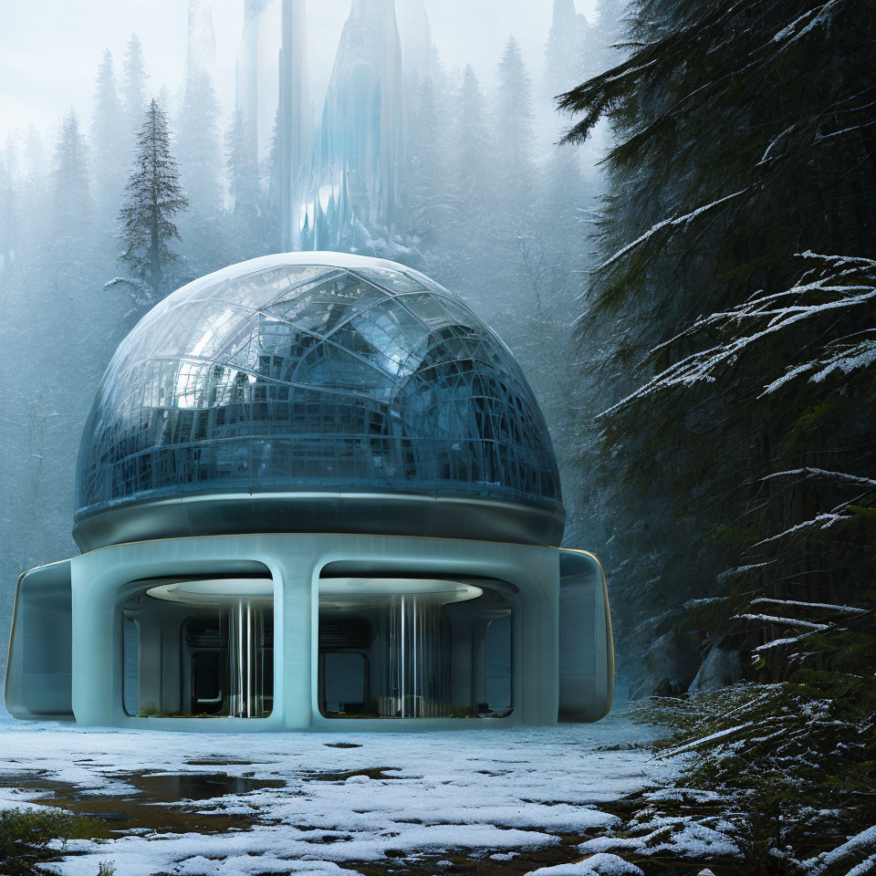 Futuristic glass dome in snow-dusted forest with waterfall