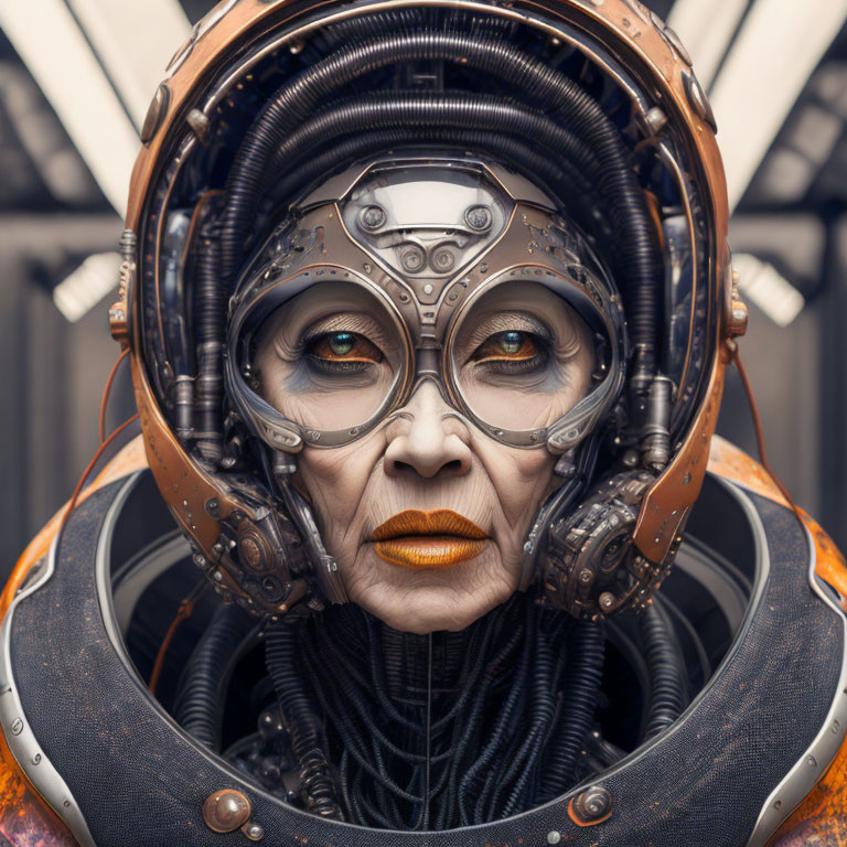 Futuristic portrait featuring sci-fi character with intricate mechanical headgear