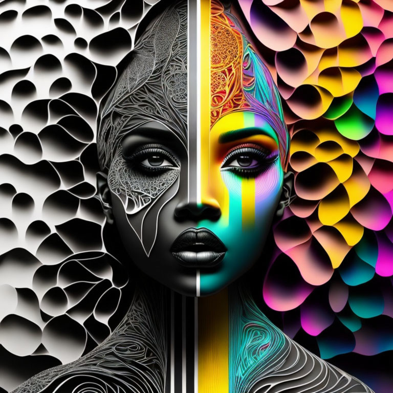 Split Contrast Image: Monochrome Female Face with Patterns vs. Vibrant Colors on Textured Background