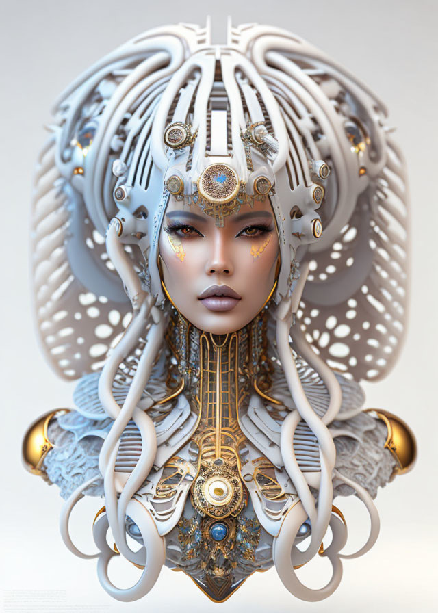 Detailed digital artwork of female figure in ornate white and gold headgear with intricate patterns and mechanical elements