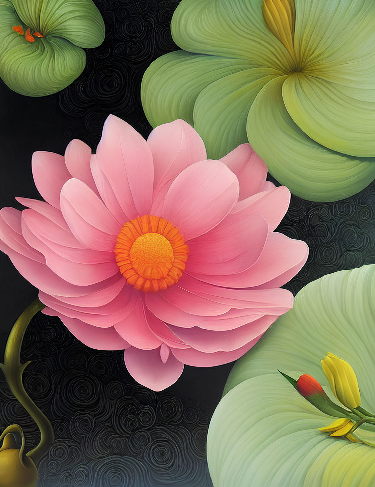 Colorful Pink Lotus Bloom Illustration with Yellow Center and Green Leaves