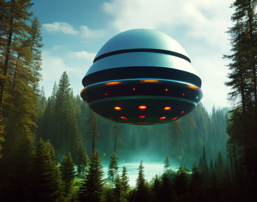 Futuristic UFO hovering over misty forest with glowing red lights