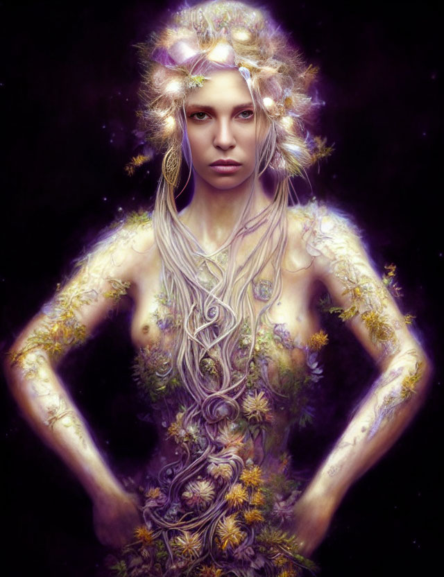 Mystical woman with floral and vine body art and starry night background