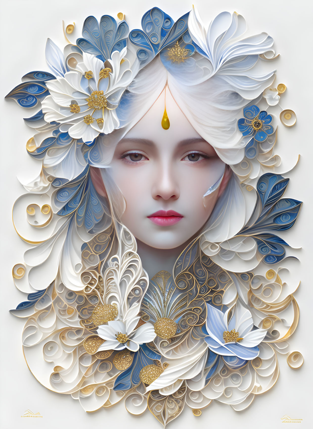 Detailed artwork: Woman's face with paper flowers in white, blue, and gold, adorned with golden