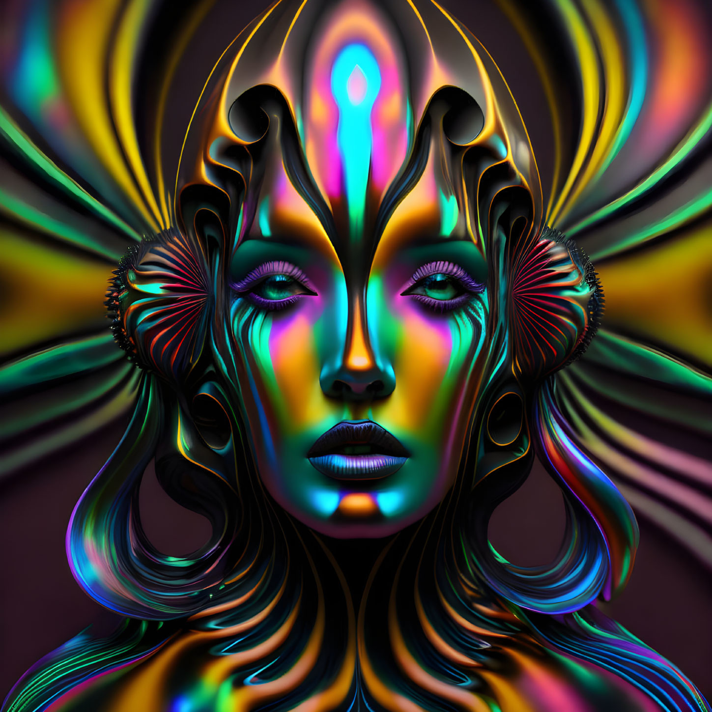 Symmetrical Multicolored Female Face with Abstract Patterns