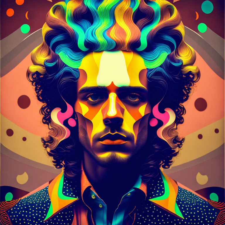 Vibrant digital artwork of a man with curly hair in psychedelic colors on geometric background