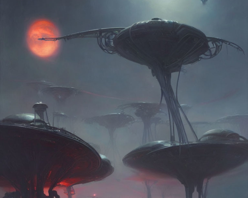 Sci-fi landscape with towering mushroom structures and red moon