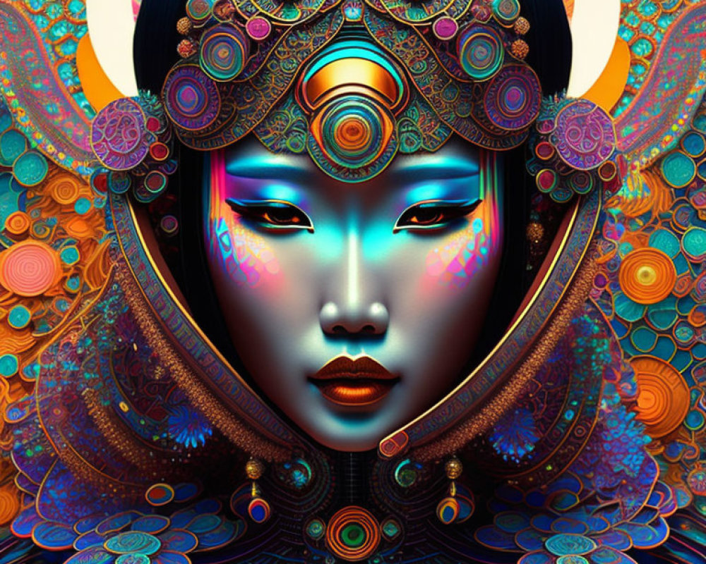 Colorful digital artwork of a woman with ornate headgear and mystical aura