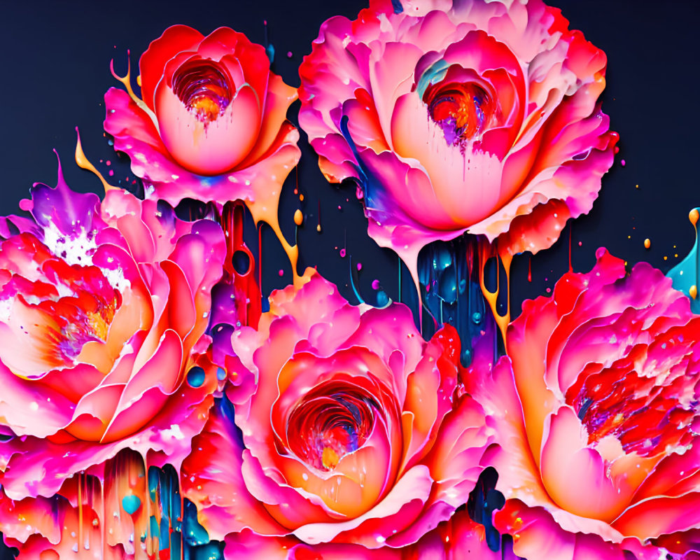 Colorful Neon Roses Artwork with Dynamic Drips on Dark Background