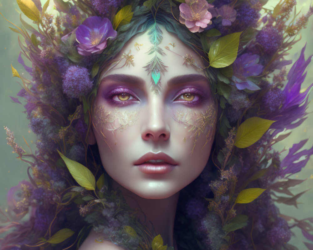 Woman with floral headdress and ethereal makeup in mystical setting