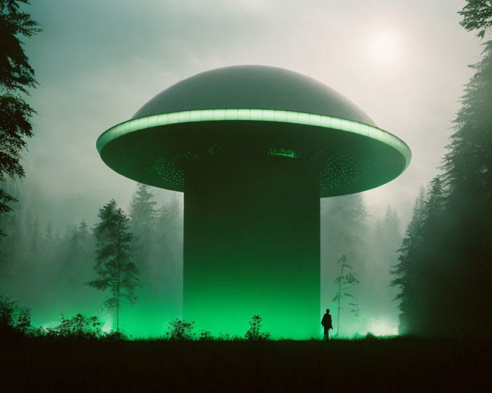 Misty forest scene with person and glowing UFO in green light.