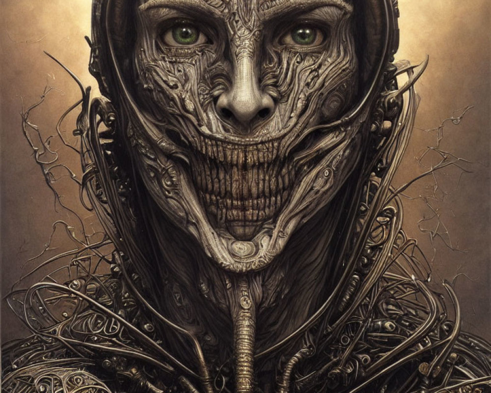 Detailed humanoid illustration with reptilian features and mechanical elements.