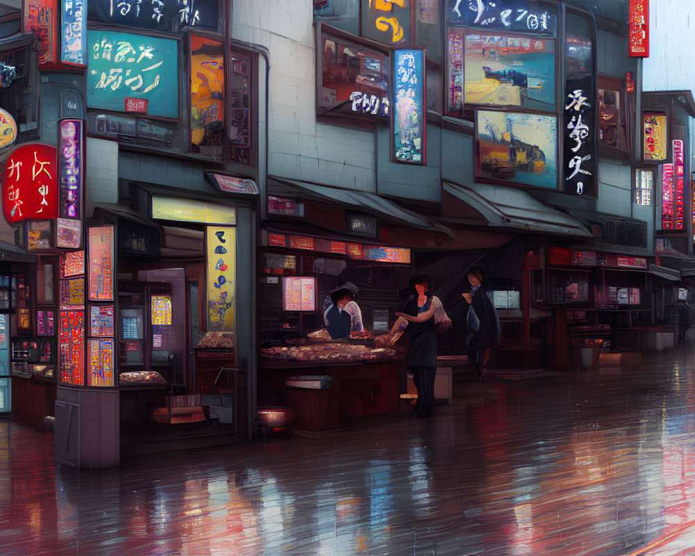 Nighttime street scene with neon signs, outdoor food stall, and wet pavement reflections