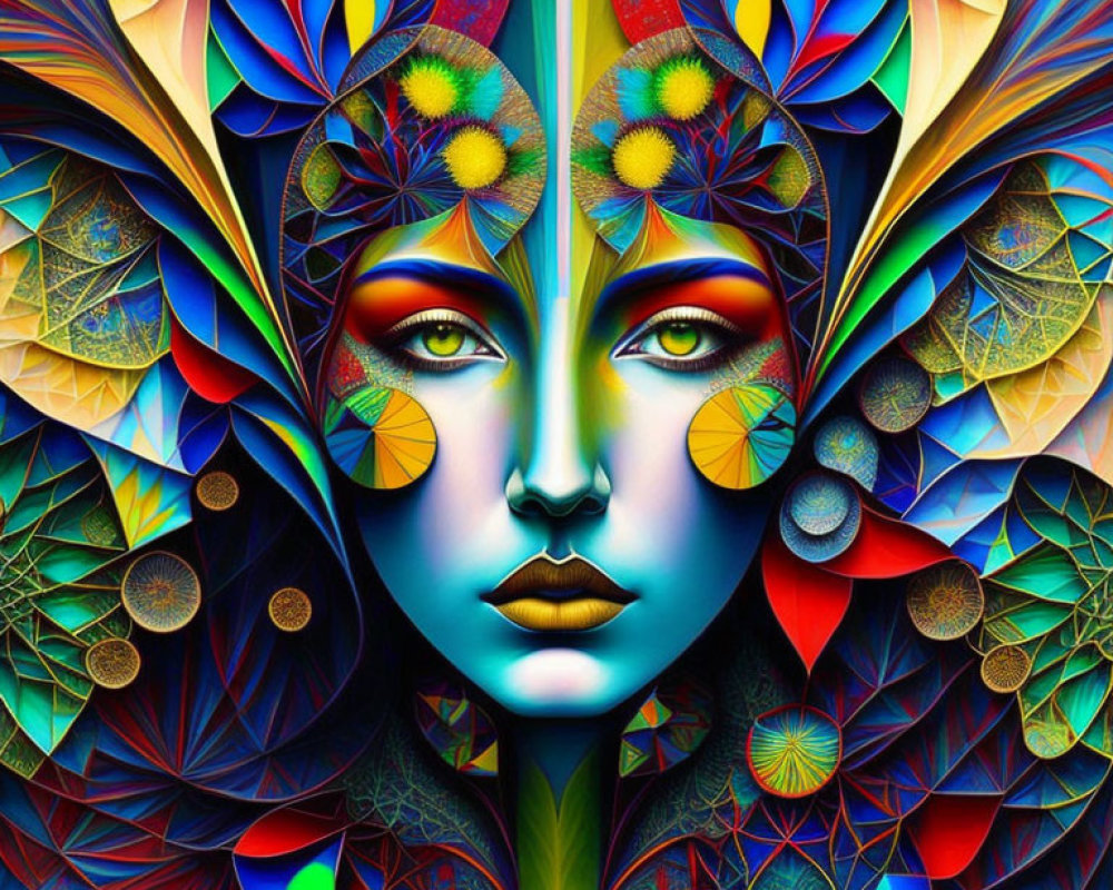 Symmetrical digital artwork of a colorful mythical face