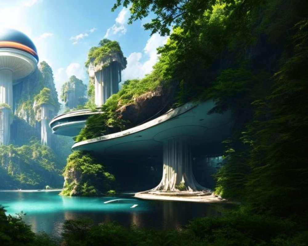 Futuristic cityscape with curved buildings and cliffs overlooking a serene lake