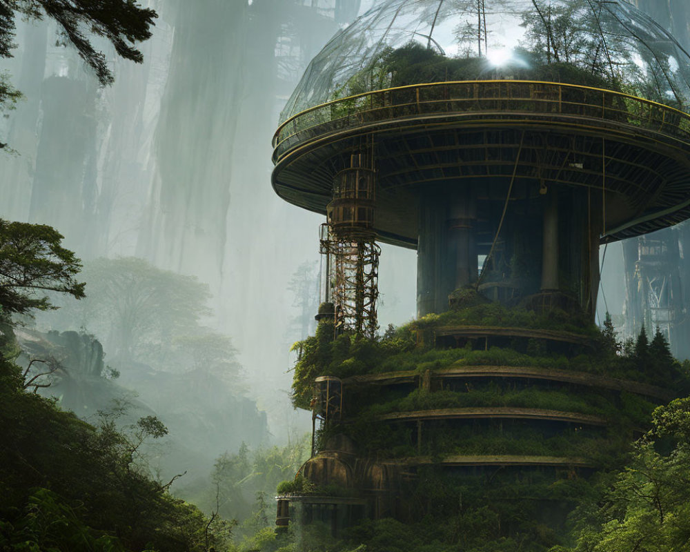 Futuristic dome structure in misty forest with overgrown trees