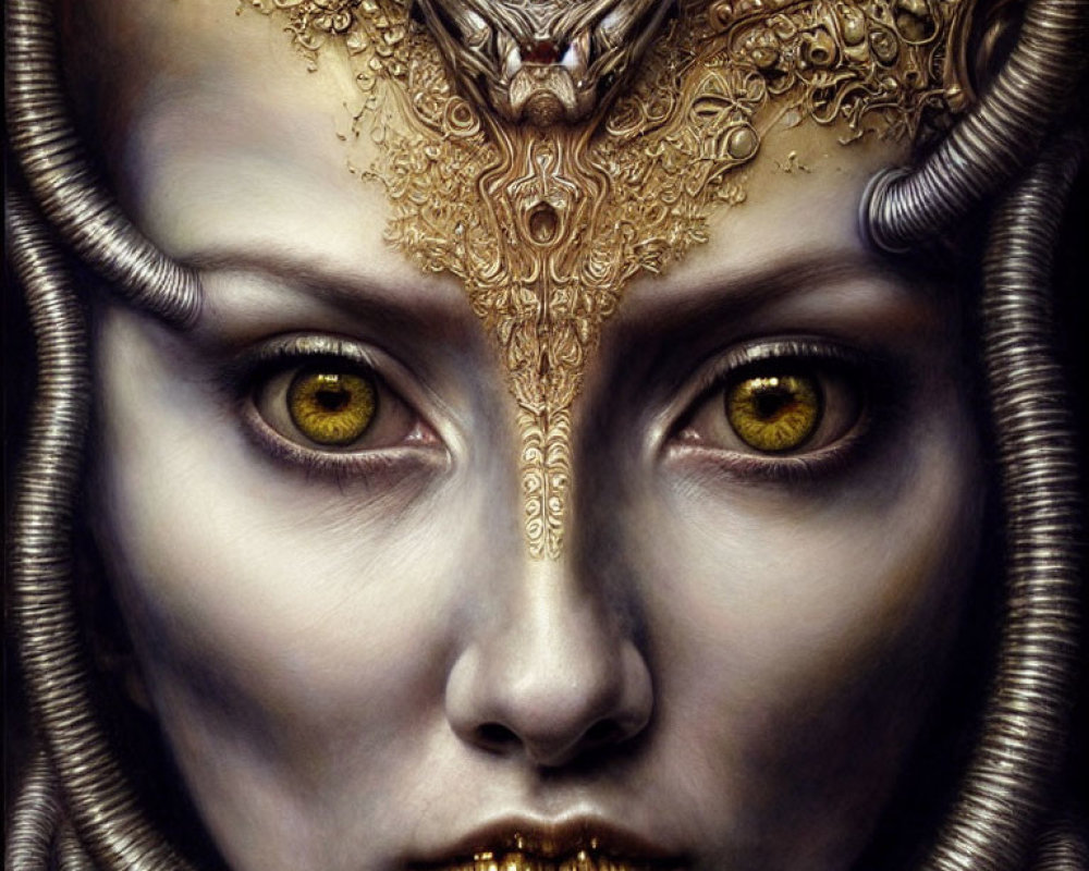 Fantasy figure with golden headgear, yellow eyes, and metallic neck structures.