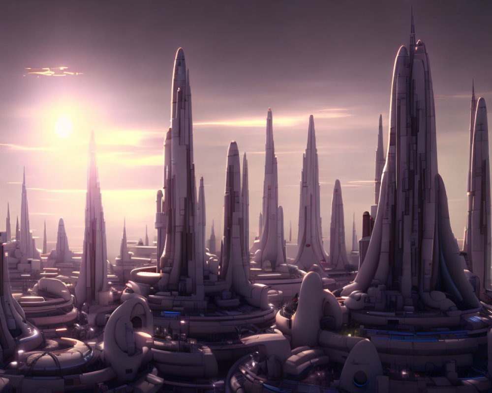 Futuristic cityscape with towering skyscrapers at sunset