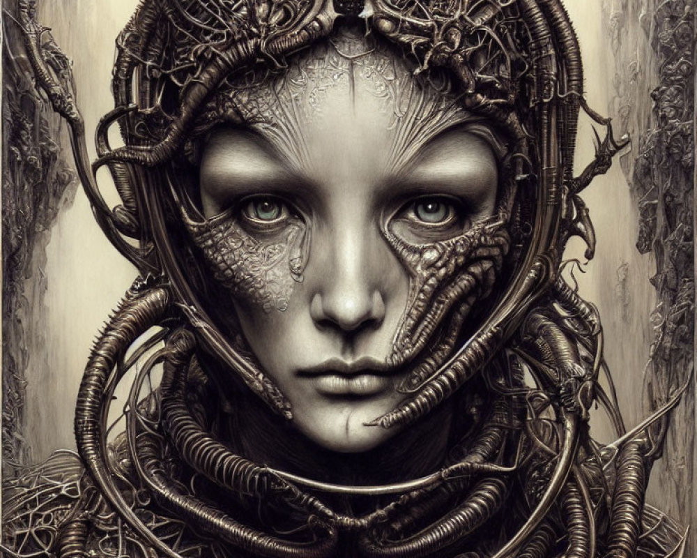 Detailed Artwork: Person with Futuristic Helmet and Mechanical Parts