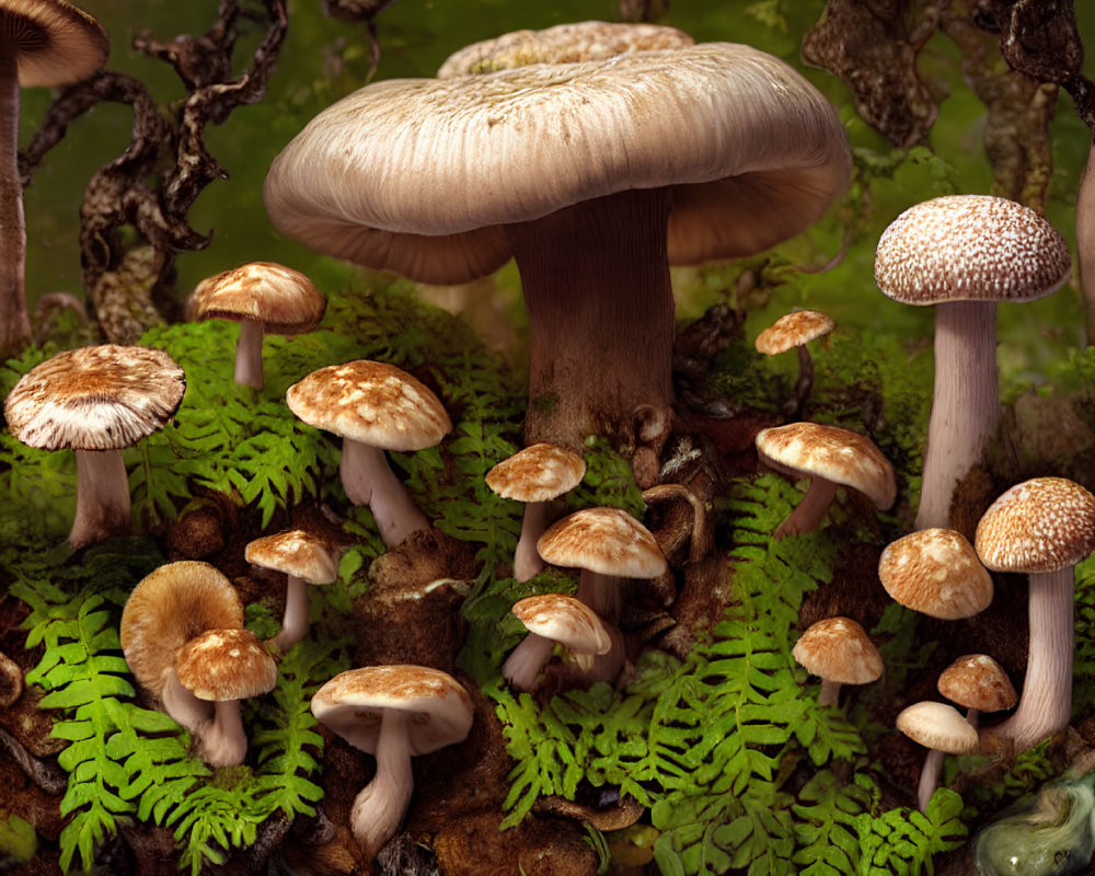 Assorted mushrooms in enchanted forest scene