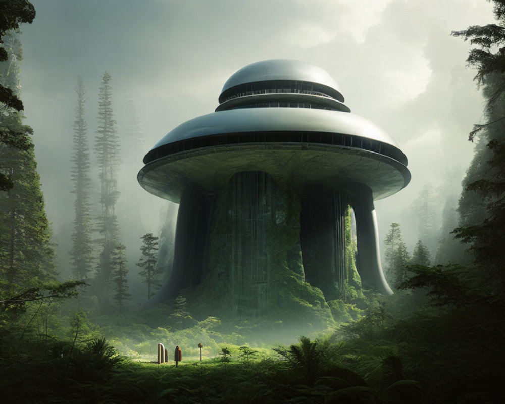 Futuristic UFO-shaped building in lush forest with mist and tiny figures