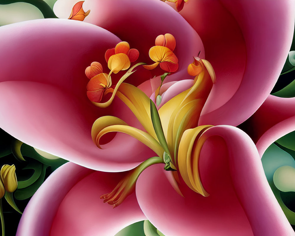 Colorful digital artwork featuring yellow flower with orange accents on swirling pink and green background