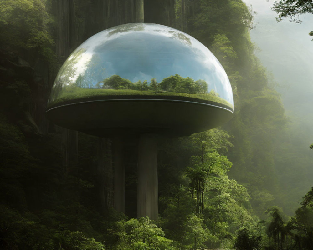 Futuristic spherical structure on pillar in lush forest with piercing light