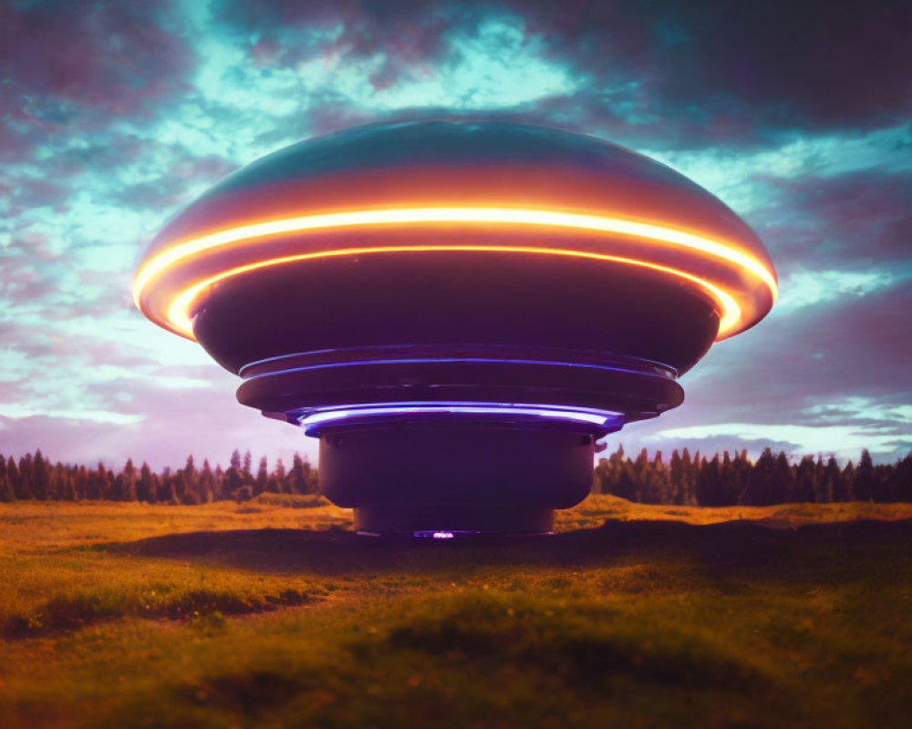 Glowing UFO with Orange Lights Hovering Above Grass Field at Dawn or Dusk