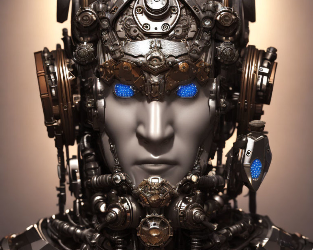 Detailed robotic head with intricate mechanical parts and blue glowing eyes on warm-toned background