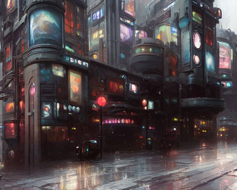 Futuristic cyberpunk cityscape at night with neon signs, towering buildings, and rain-soaked