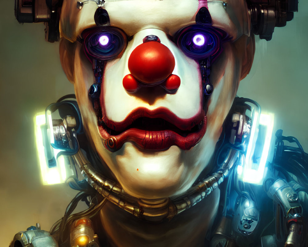 Digital Artwork: Robotic Clown with Glowing Purple Eyes