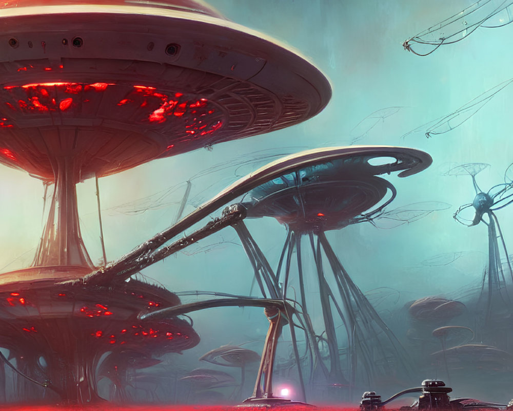 Alien structures and spacecraft in crimson field under hazy sky