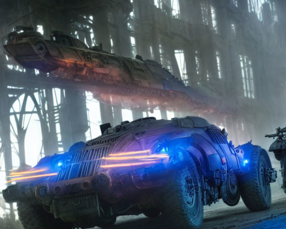 Futuristic vehicles with blue neon lights in industrial setting