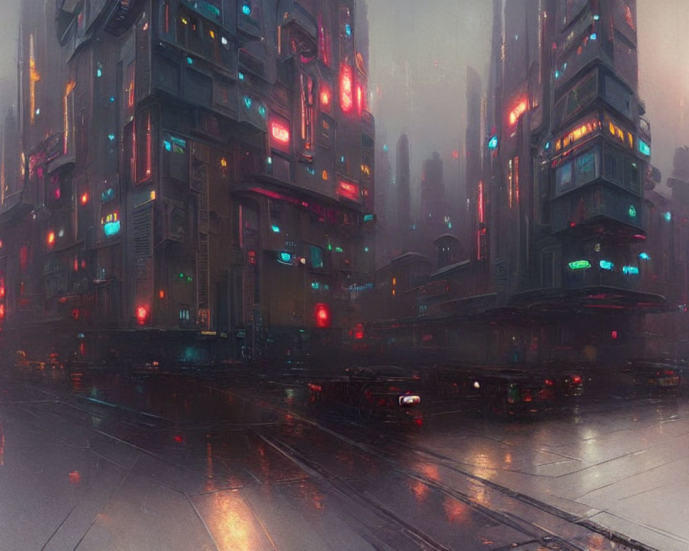 Futuristic neon-lit cityscape on a rainy night