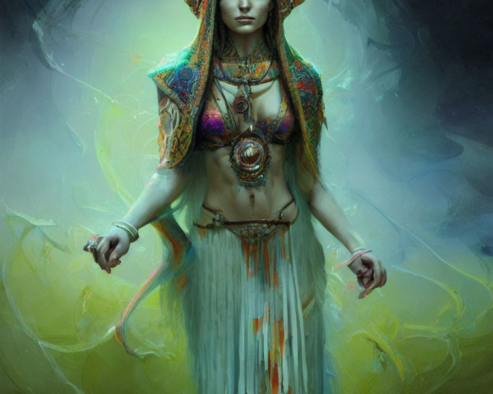 Ethereal woman in colorful attire amid mist embodies mystical aura