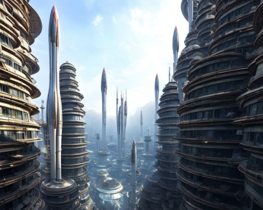 Futuristic cityscape with towering skyscrapers and sleek spires under hazy sky