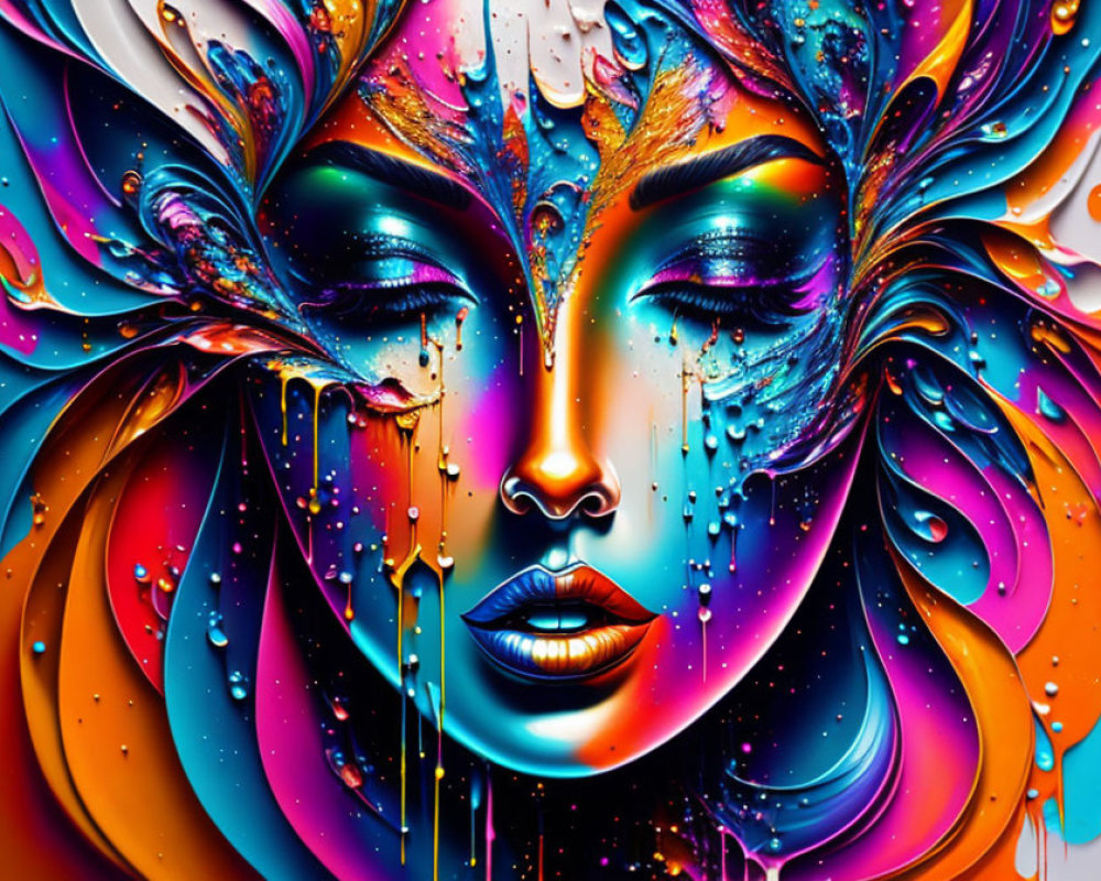 Vivid digital artwork of female face with intricate designs and dripping paint in psychedelic style