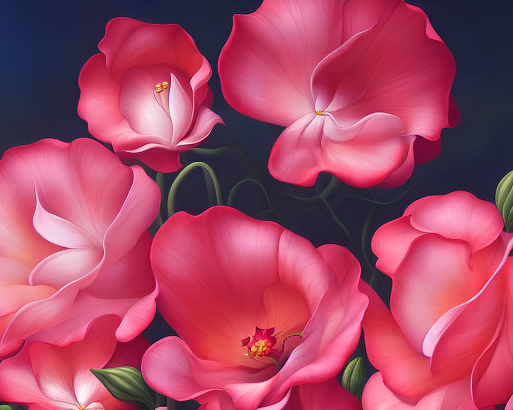 Detailed digital illustration of pink roses on dark blue background