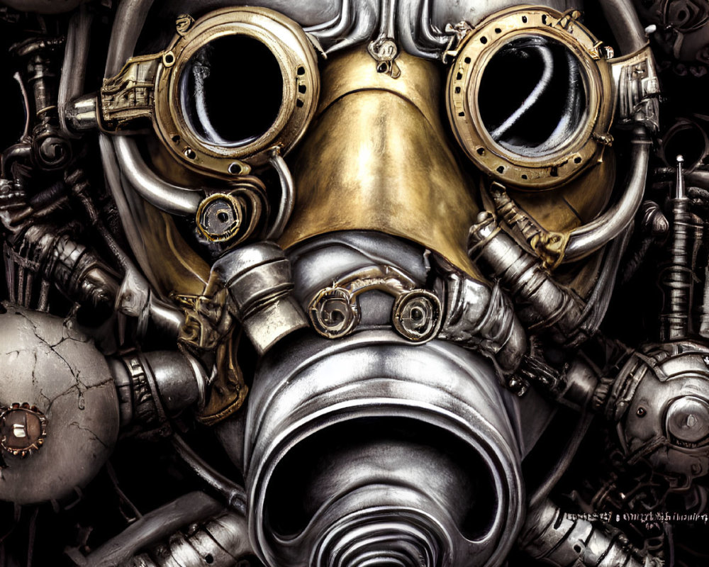 Detailed Steampunk-Style Artwork: Metallic Humanoid Face with Goggles and Respirator surrounded