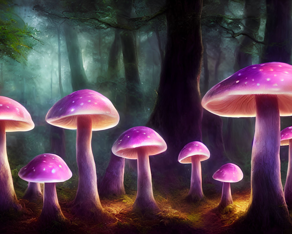 Enchanting forest with oversized purple mushrooms in misty ambiance