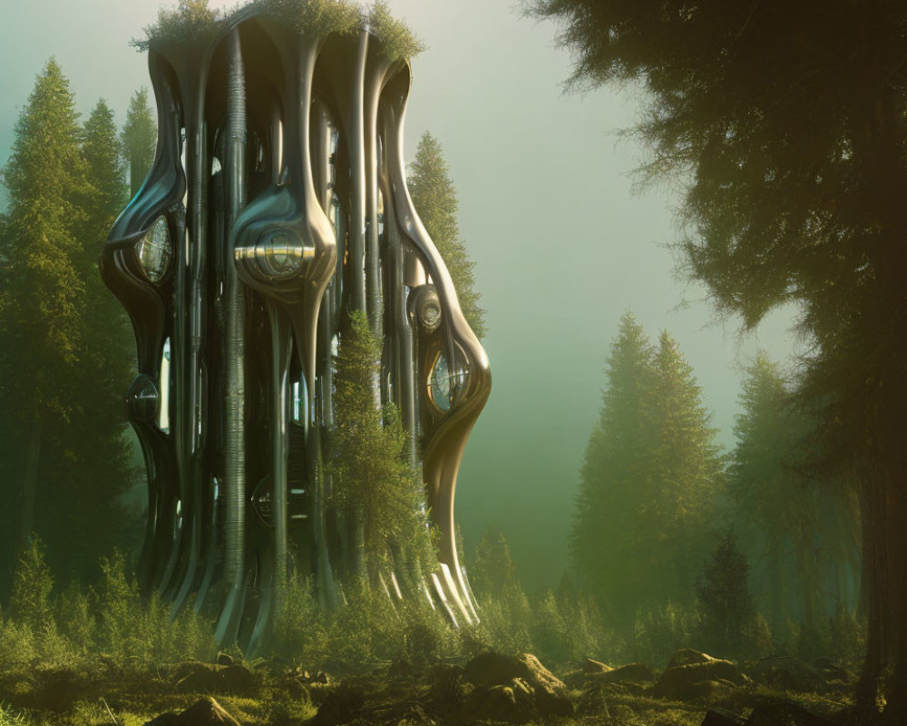 Organic-shaped futuristic building in misty forest