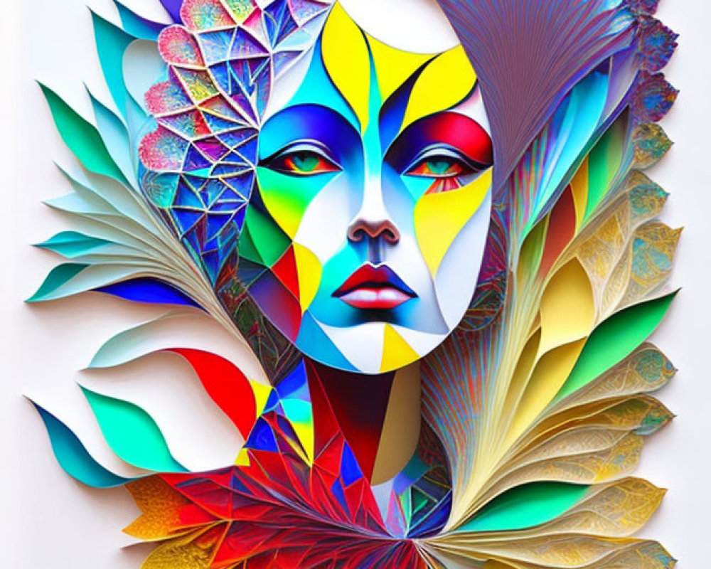 Vibrant woman's face with intricate paper layers