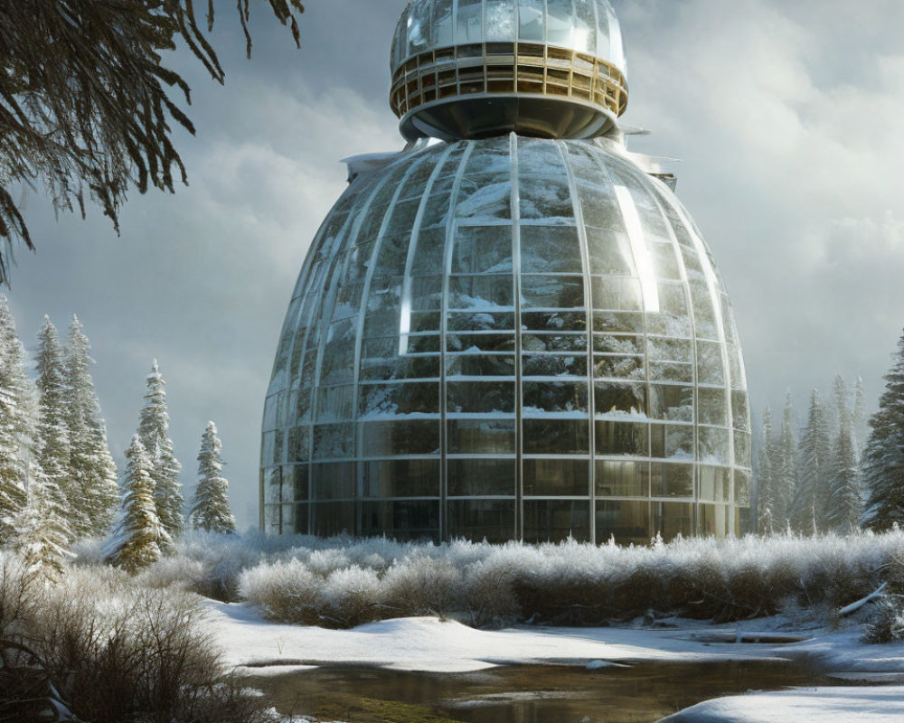 Futuristic glass sphere in snowy forest with frozen lake